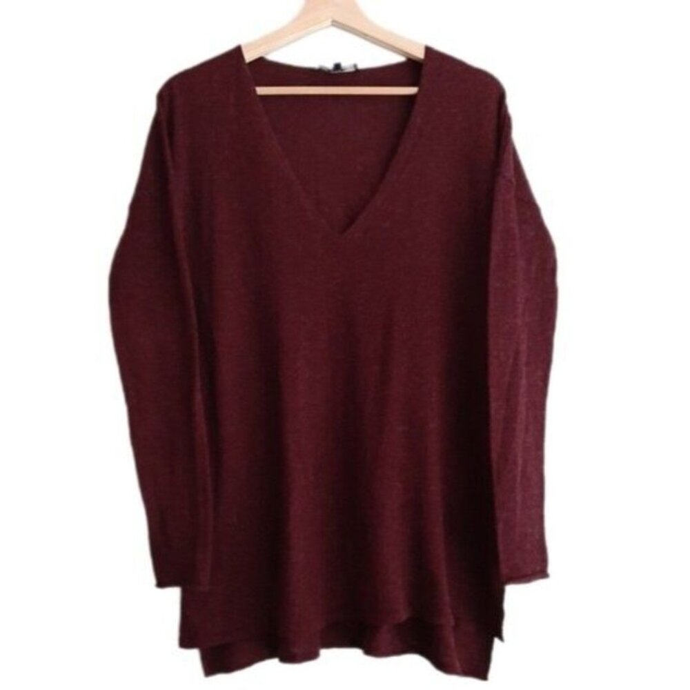 BABATON Aritzia - NWOT - Erin Sweater Wool Linen Blend Maroon V-Neck Sz S